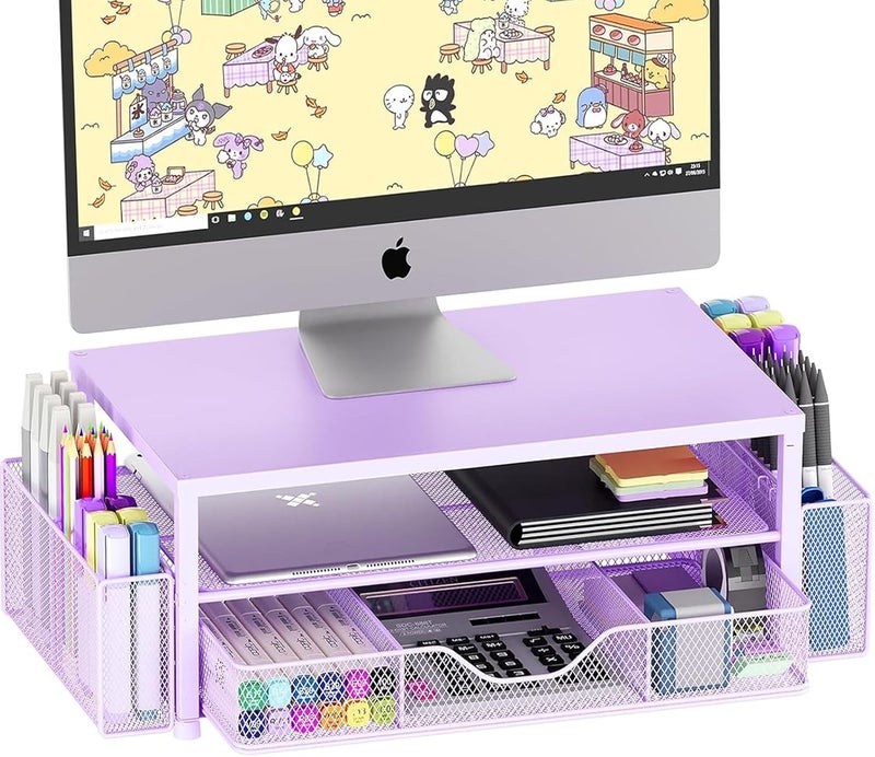 OPNICE Desk Organizers and Accessories, 2-Tier Computer Monitor Stand Riser with Drawer and 2 Pen Holders, Laptop Stand, Office Desk Accessories & Office Decor for Women, Purple - Image 1